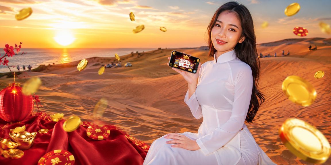 Phụ nữ mặc áo dài tại Mũi Né cầm điện thoại xem ứng dụng game và cá cược bên bờ biển
